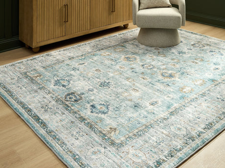 Ladstoney Teal/Beige/Ochre 7'6" X 9'6" Memory Foam Area Rug