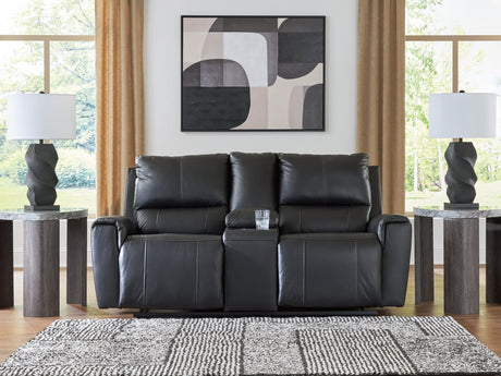 Glossmore Black Leather Reclining Loveseat with Console