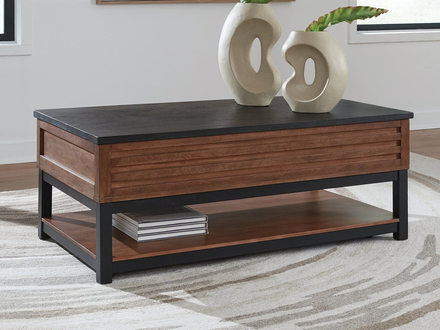 Kallari Warm Brown/Black Lift-Top Coffee Table