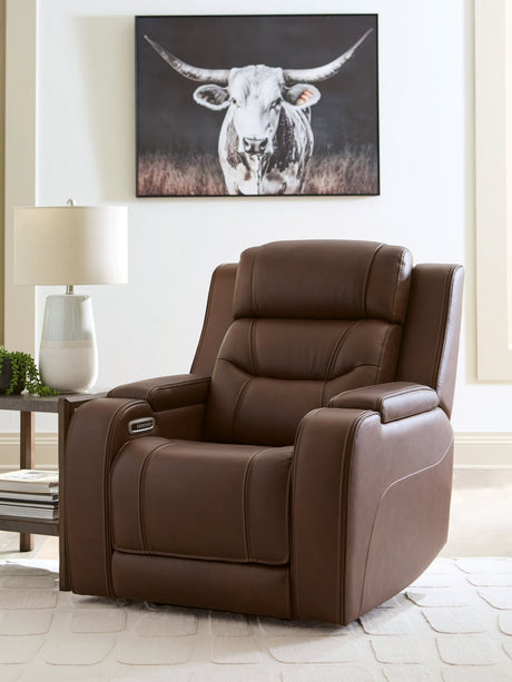 Knightington Brown Leather Power Recliner with Audio Seating