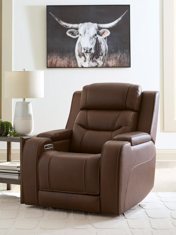 Knightington Brown Leather Power Recliner with Audio Seating