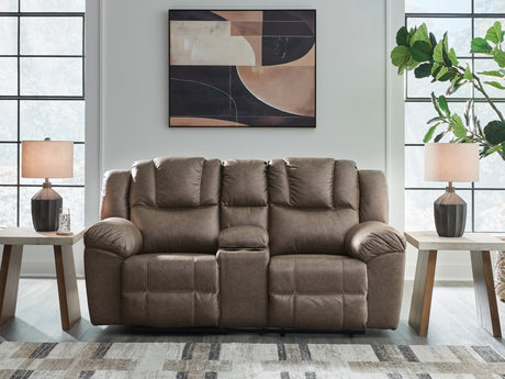 Lowilla Driftwood Faux Leather Reclining Loveseat with Console