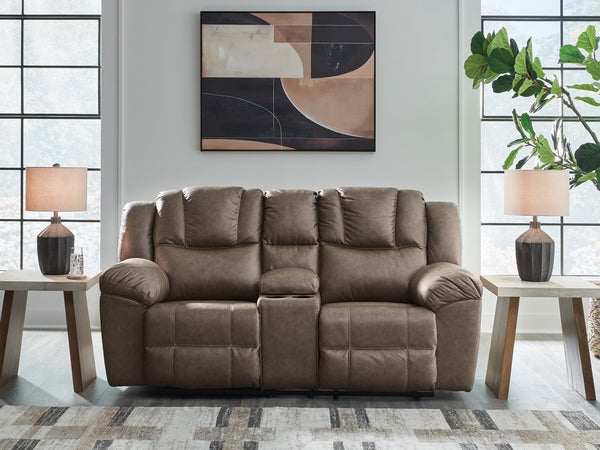 Lowilla Driftwood Faux Leather Reclining Loveseat with Console