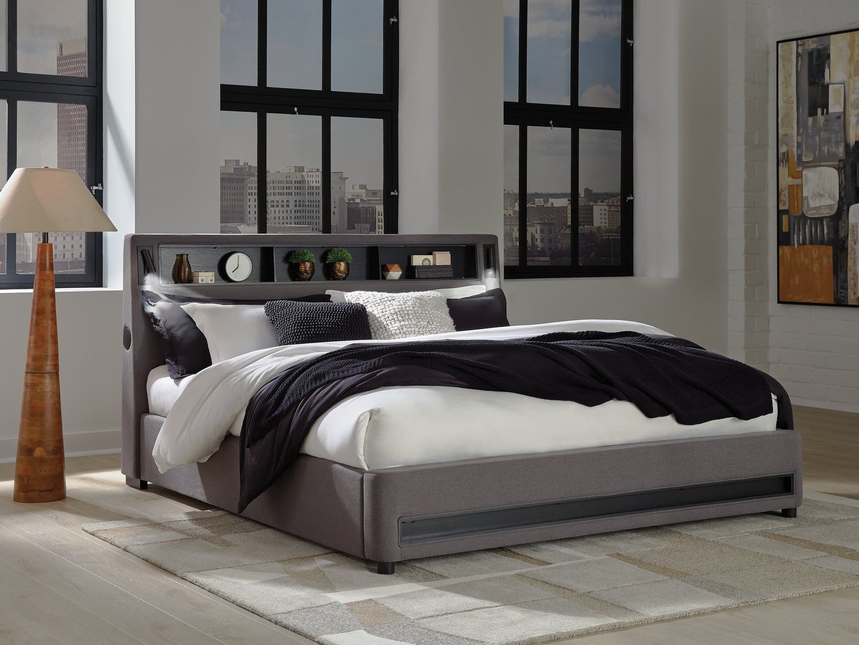 Verishaw Gray King Upholstered Bed with Wireless Audio
