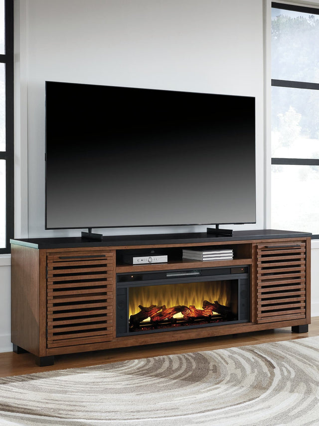 Kallari Warm Brown/Black 84" TV Stand with Electric Fireplace