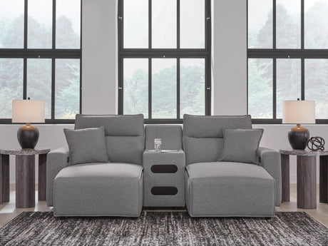 Modmax II Salt and Pepper Next-Gen Nuvella™ 3-Piece Power Reclining Sectional with Chaise and Audio Console