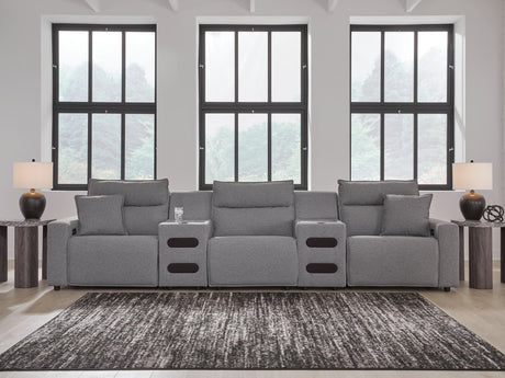 Modmax II Salt and Pepper Next-Gen Nuvella™ 5-Piece Power Reclining Sectional with Audio Consoles