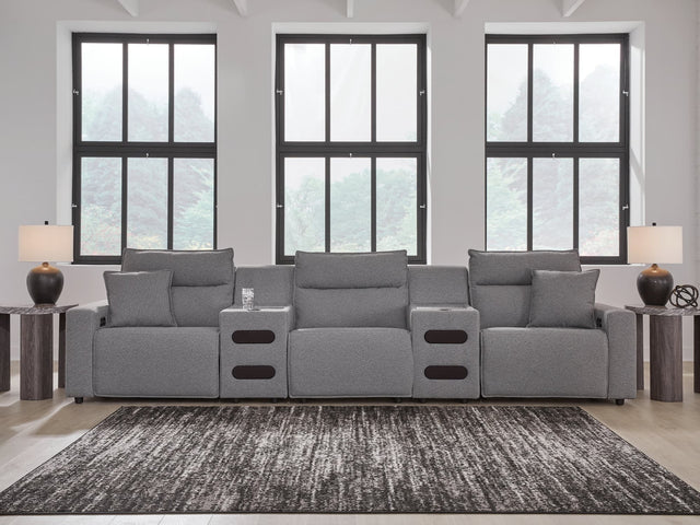 Modmax II Salt and Pepper Next-Gen Nuvella™ 5-Piece Power Reclining Sectional with Audio Consoles