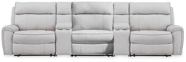Social Pointe Pearl/Ash Chenille 5-Piece Reclining Sectional with Storage Consoles