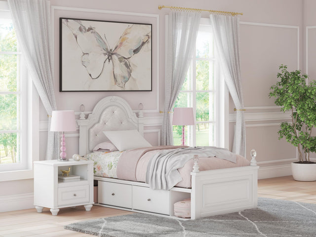 Kozlani White Twin Upholstered Panel Bed with Storage
