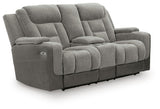 Mixed Motion Shadow Chenille / Faux Leather Power Reclining Loveseat with Console — angled view