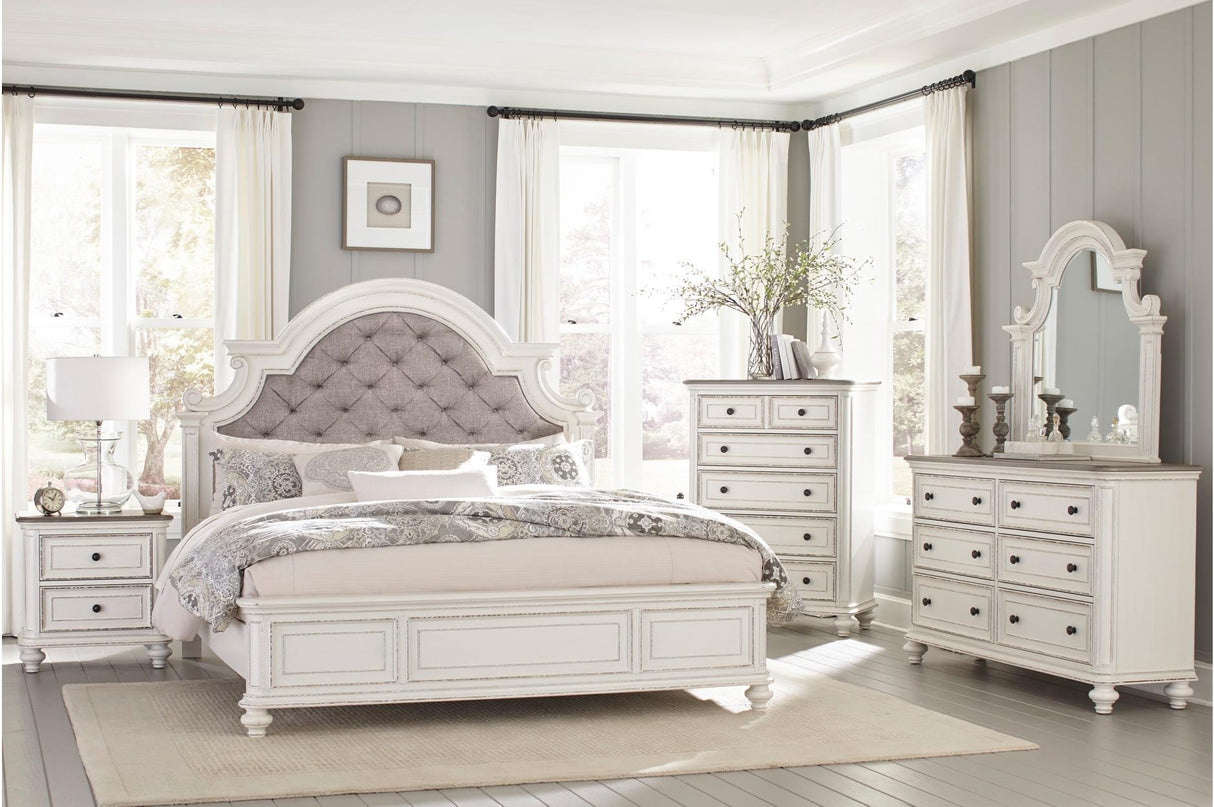 Baylesford Antique White Contemporary Solid Wood Fabric Upholstered Tufted Panel Bedroom Set
