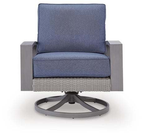Half Blue/Gray Moon Beach Outdoor Sofa with 2 Lounge Chairs — front view