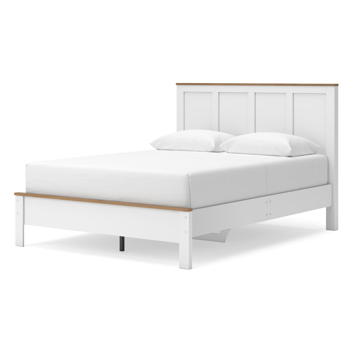 Kerisden White/Brown Queen Panel Complete Bed Frame — angled view
