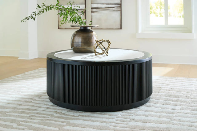 Matte Black Faux Carrara Marble Coffee Table with Casters — product view