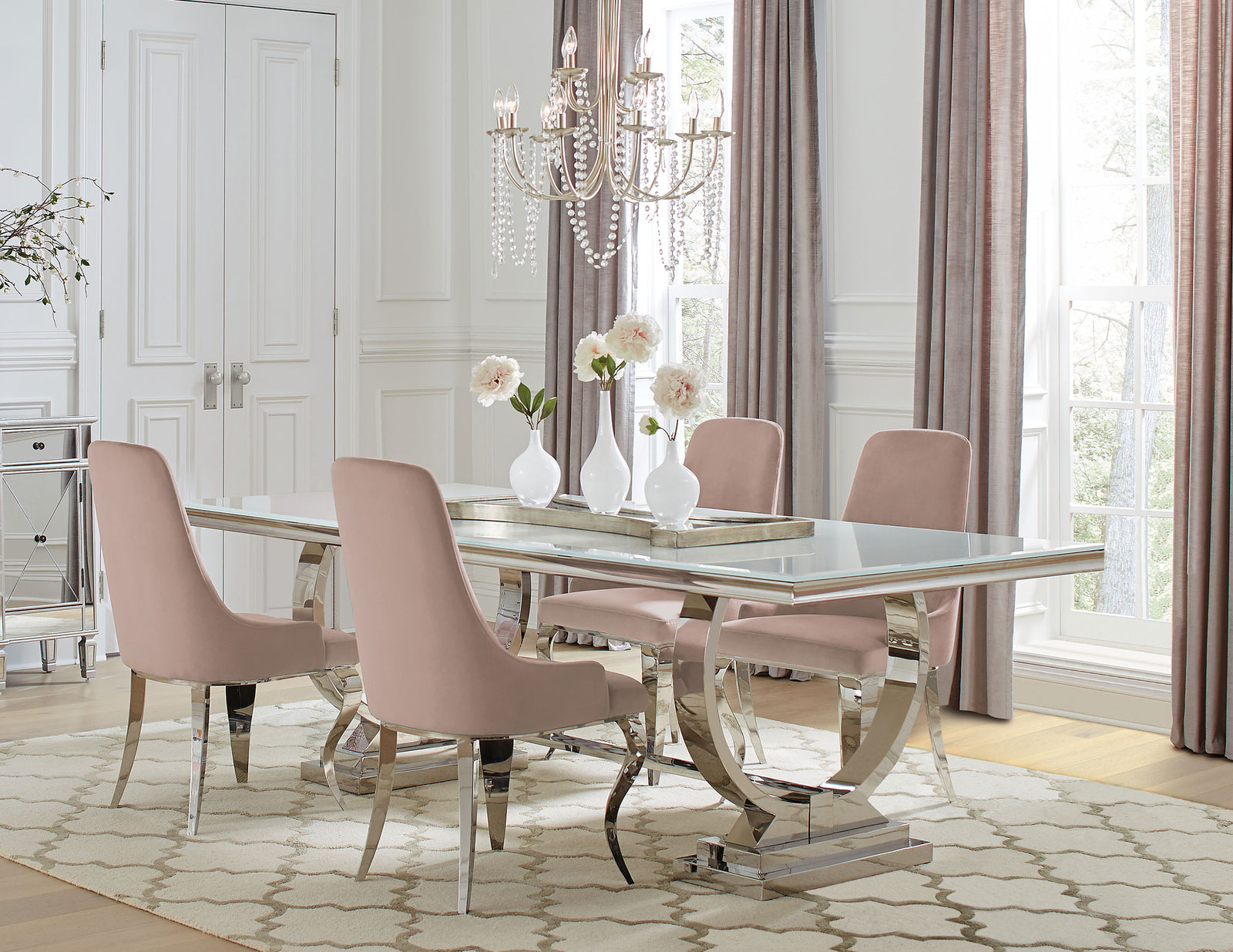 Antoine Pink Rectangular Glass Top Dining Room Set