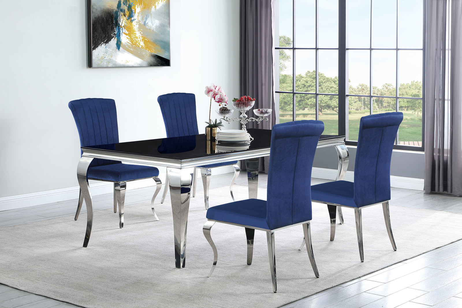 Carone Black Blue 81-inch Rectangular Glass Dining Room Set