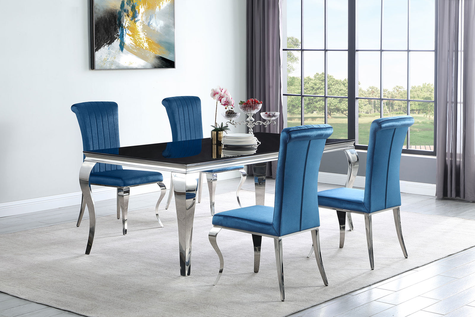 Carone Black Teal 81-inch Rectangular Glass Dining Room Set