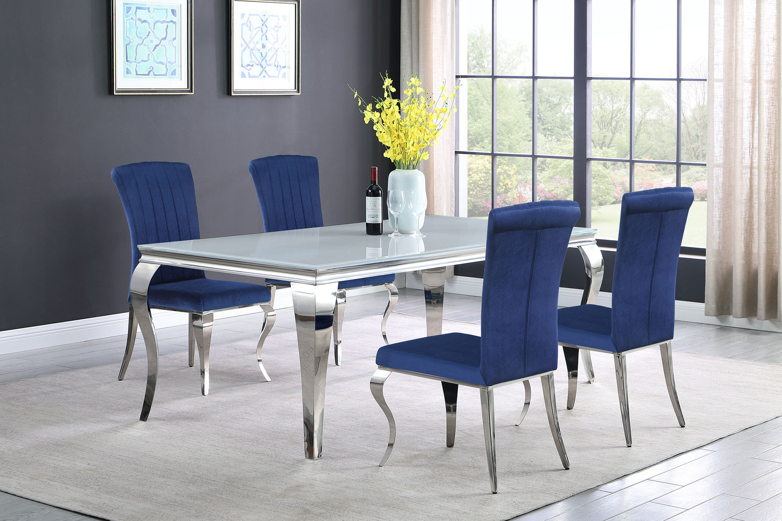 Carone White Blue 81-inch Rectangular Glass Dining Room Set