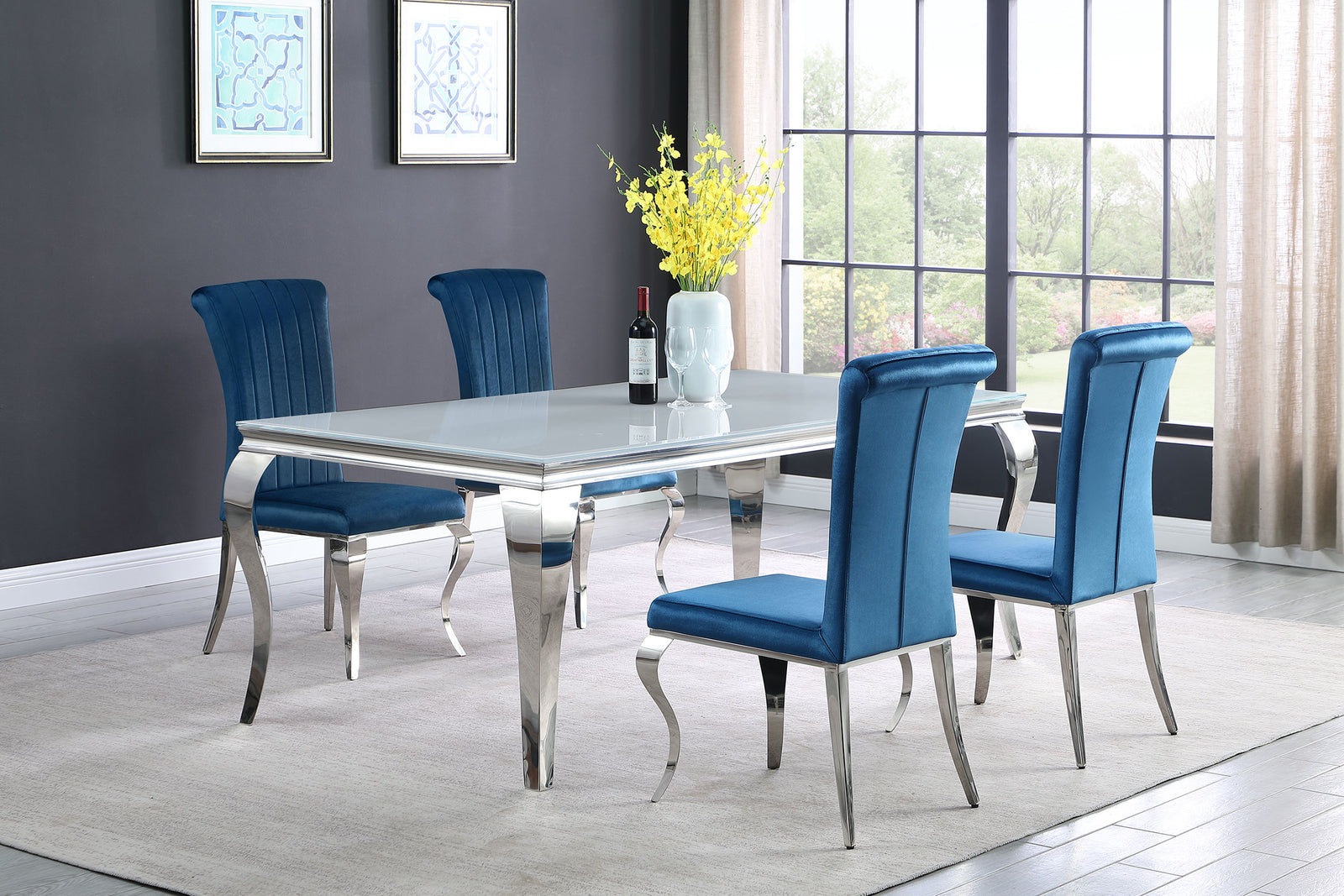 Carone White Teal 81-inch Rectangular Glass Dining Room Set