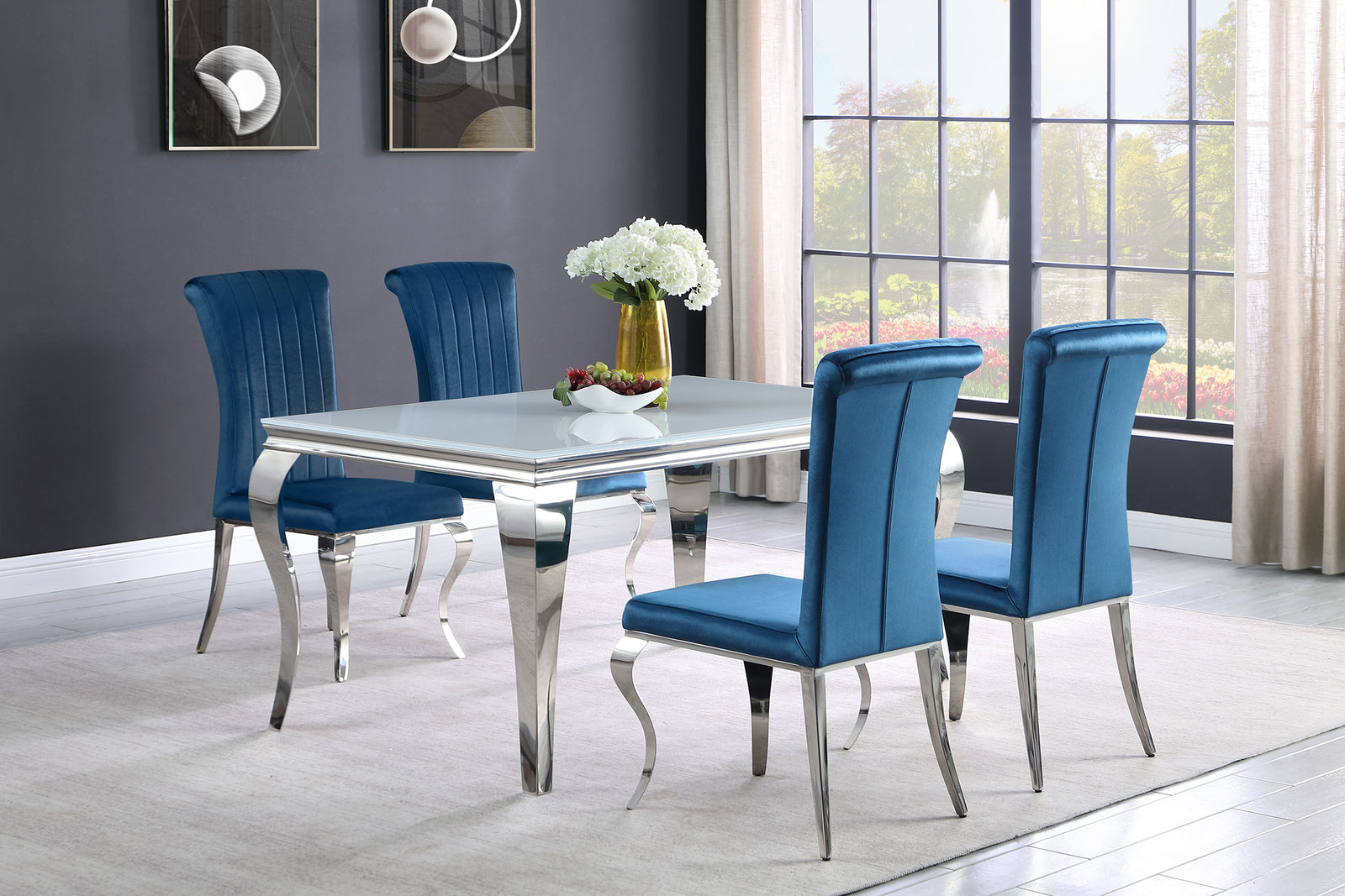 Carone White Teal II 81-inch Rectangular Glass Dining Room Set