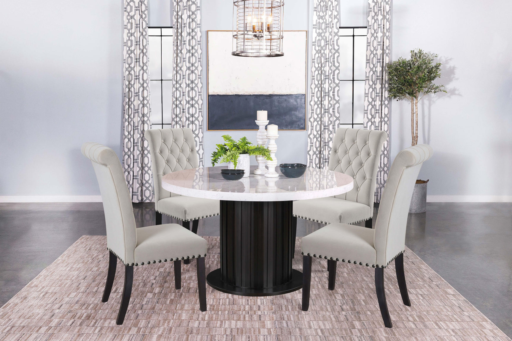 Suzanne Black and White Round Dining Set with Bench