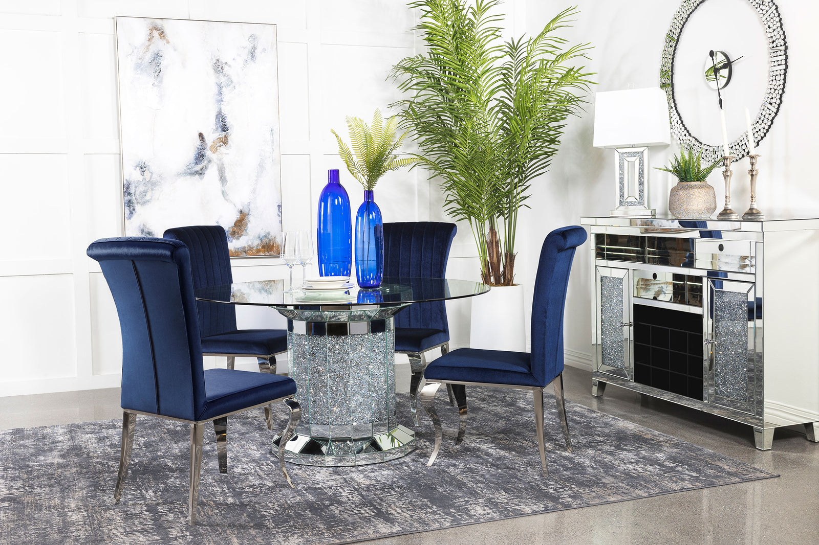 Ellie Ink Blue Mirrored Pedestal Dining Room Set