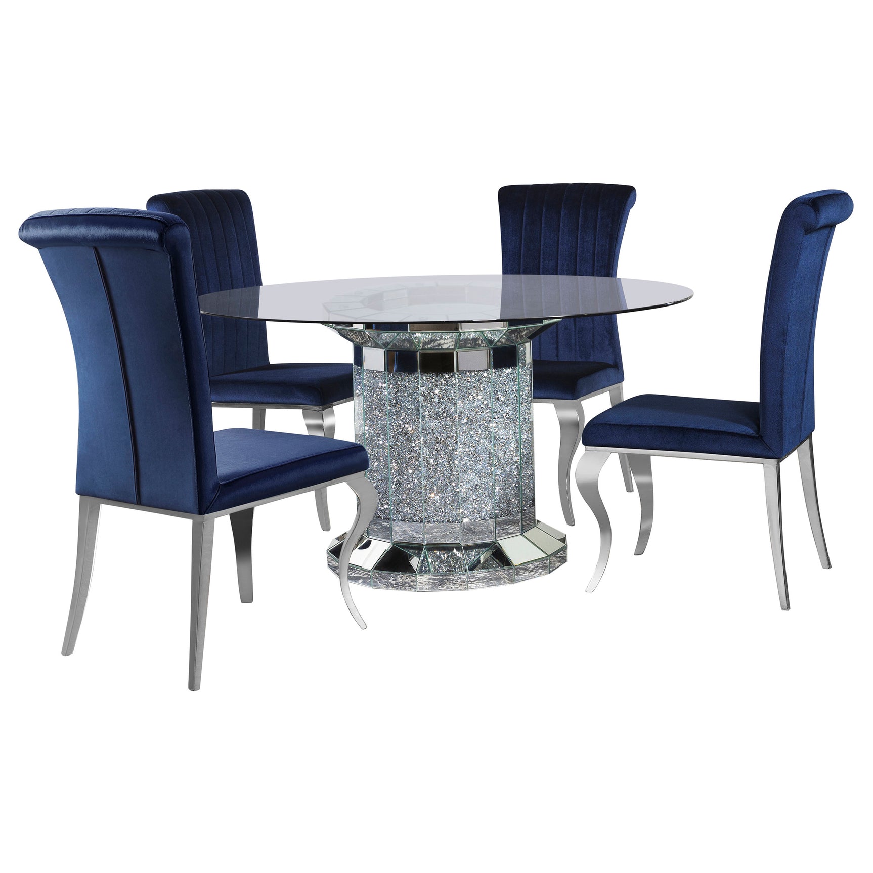 Ellie Ink Blue Mirrored Pedestal Dining Room Set