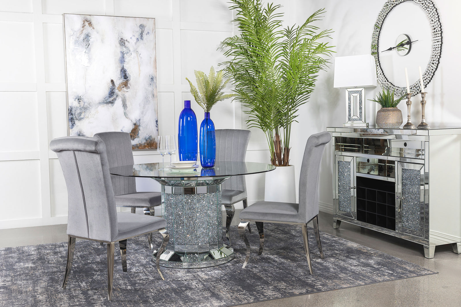Ellie Grey Mirrored Pedestal Dining Room Set