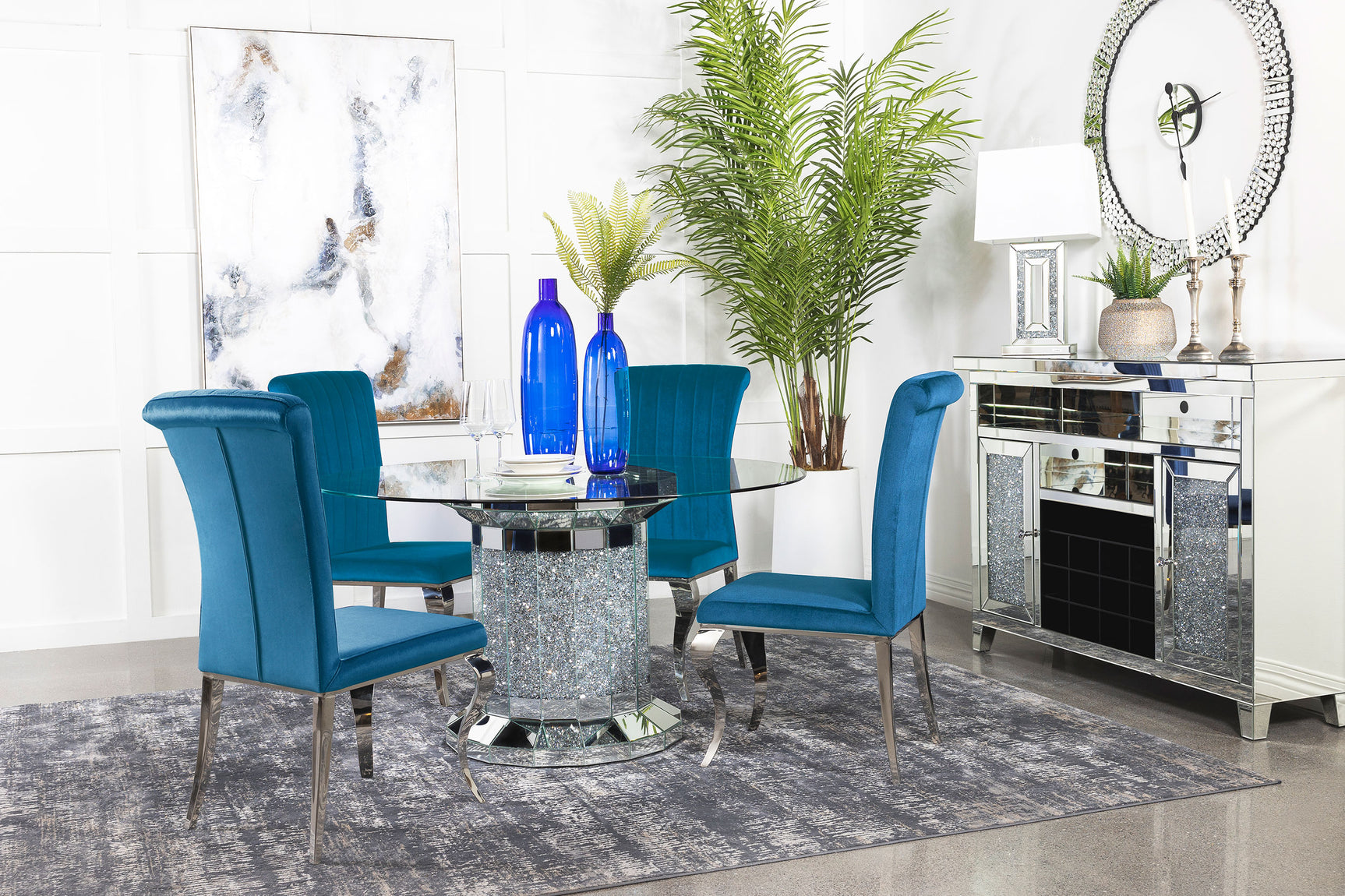 Ellie Teal Mirrored Pedestal Dining Room Set