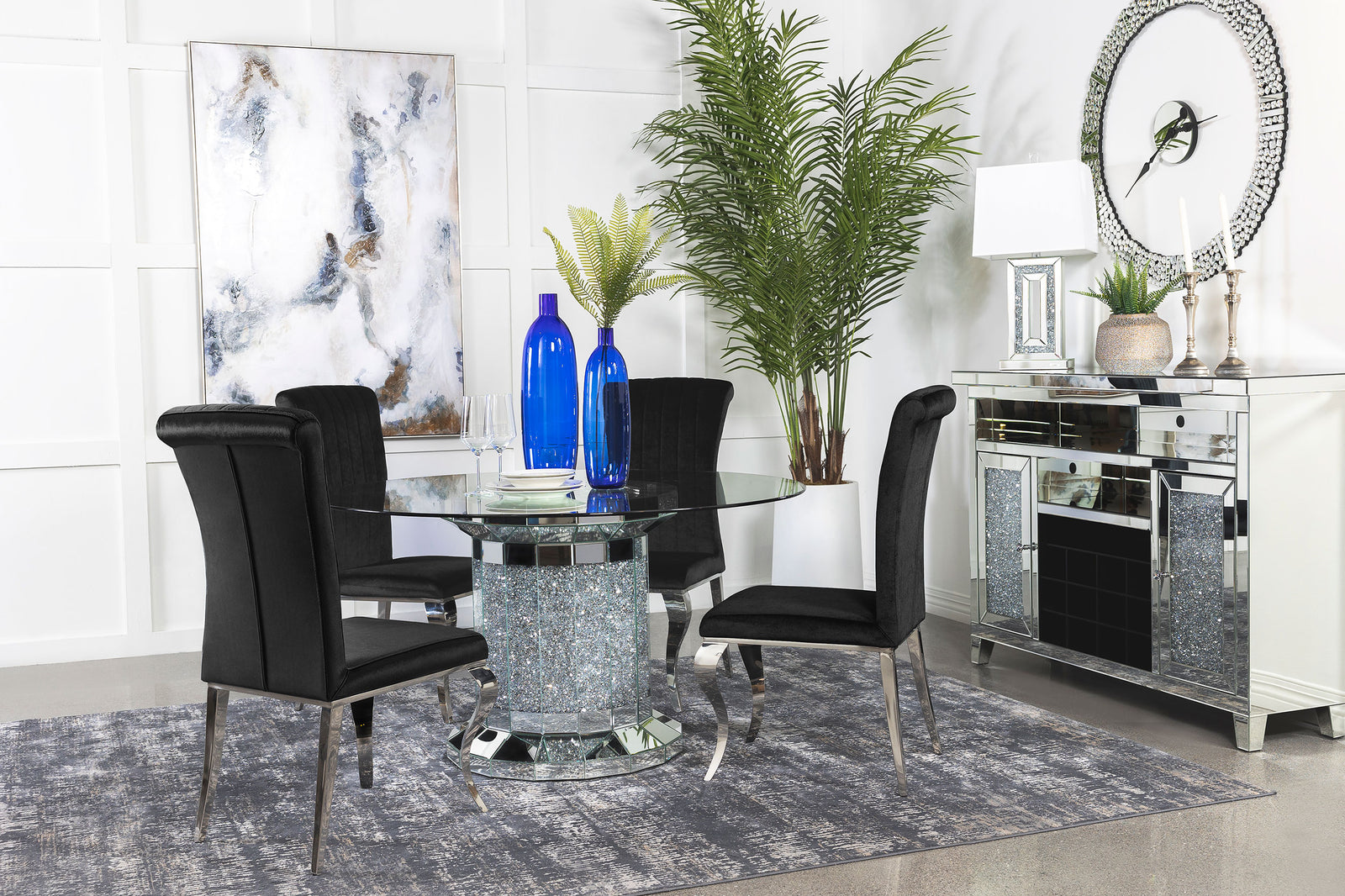 Ellie Black Mirrored Pedestal Dining Room Set