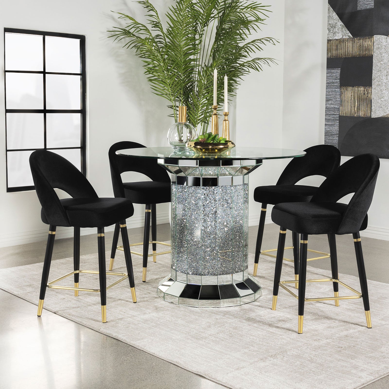 Ellie Black Mirrored Counter Height Set