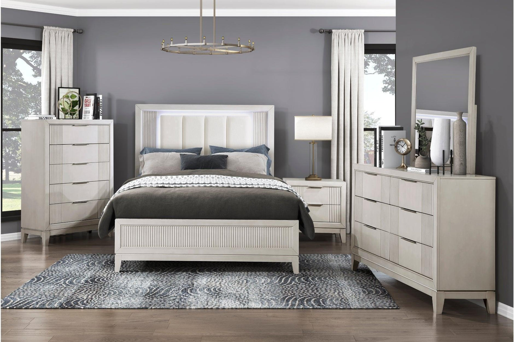 Florence Antique White Upholstered LED Panel Bedroom Set