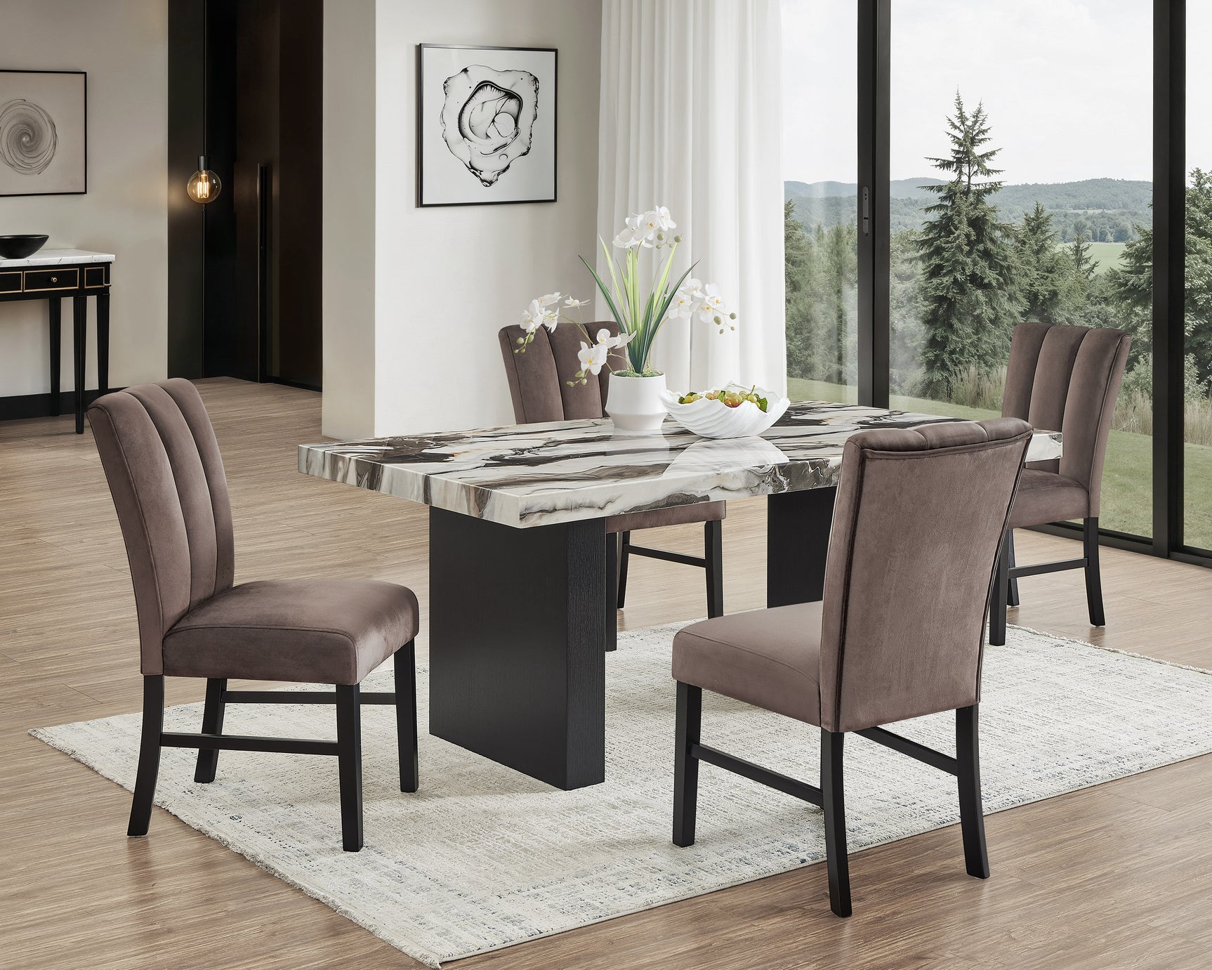 Vega Brown Black Faux Marble Dining Room Set