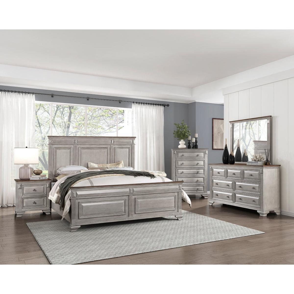Marquette Gray/Brown Modern Traditional Oak Veneer Solid Wood Queen Bed - Ella Furniture