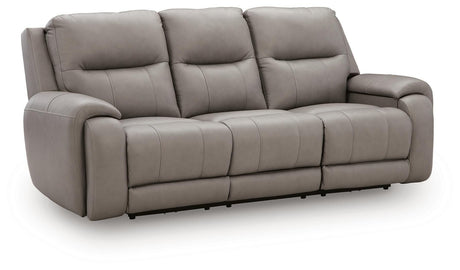 Real Moments Ash Leather Power Reclining Sofa with Audio Seating — angled view
