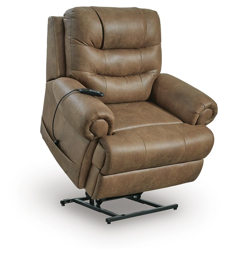 Revived and Restored Earth Faux Leather Power Lift Recliner — angled view