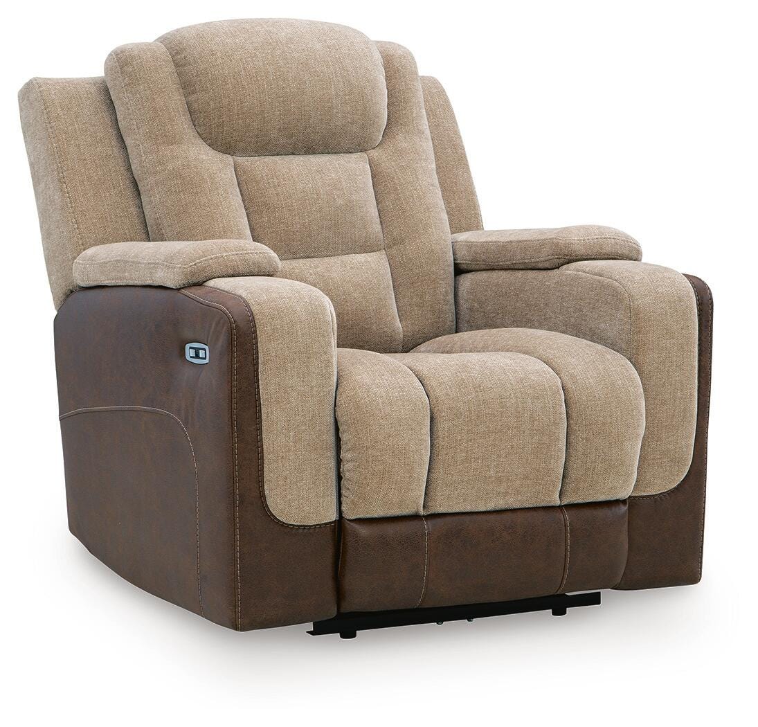 Mixed Motion Brownstone Chenille / Faux Leather Power Recliner — angled view