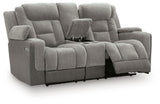 Mixed Motion Shadow Chenille / Faux Leather Power Reclining Loveseat with Console — angled view