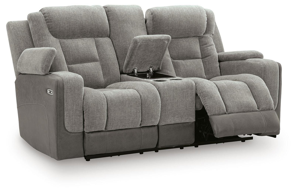 Mixed Motion Shadow Chenille / Faux Leather Power Reclining Loveseat with Console — angled view