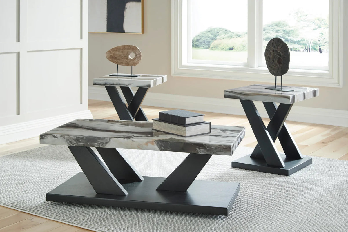 Dark Wood-Look and White Faux Marble 3-Piece Coffee Table Set — product view