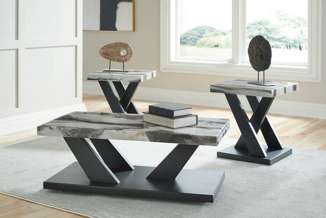 Dark Wood-Look and White Faux Marble 3-Piece Coffee Table Set — product view