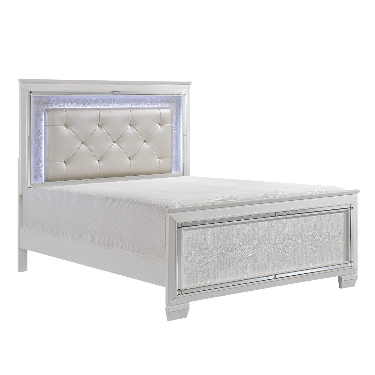 Allura White Faux Alligator Contemporary Wood Faux Leather Upholstered Tufted Queen LED Panel Bed