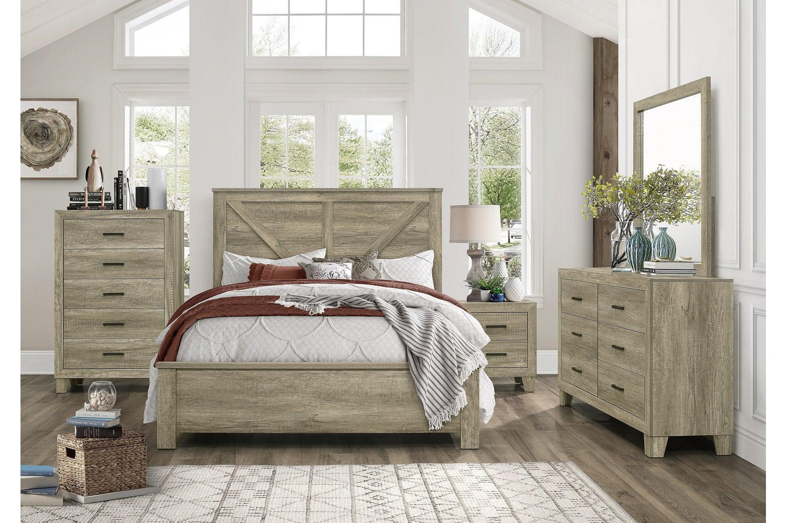 Gray Modern Traditional Rustic Solid Wood And Veneers Panel Bedroom Set - Ella Furniture