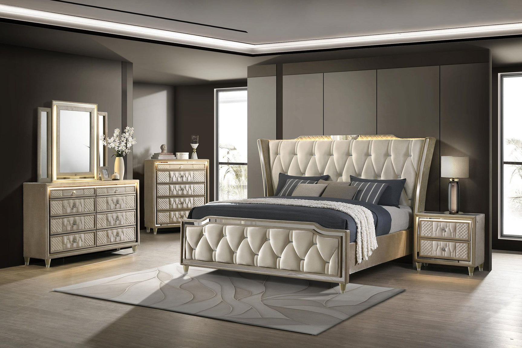 Lorient 8-drawer LED Bedroom Dresser Cabinet Ivory and Camel