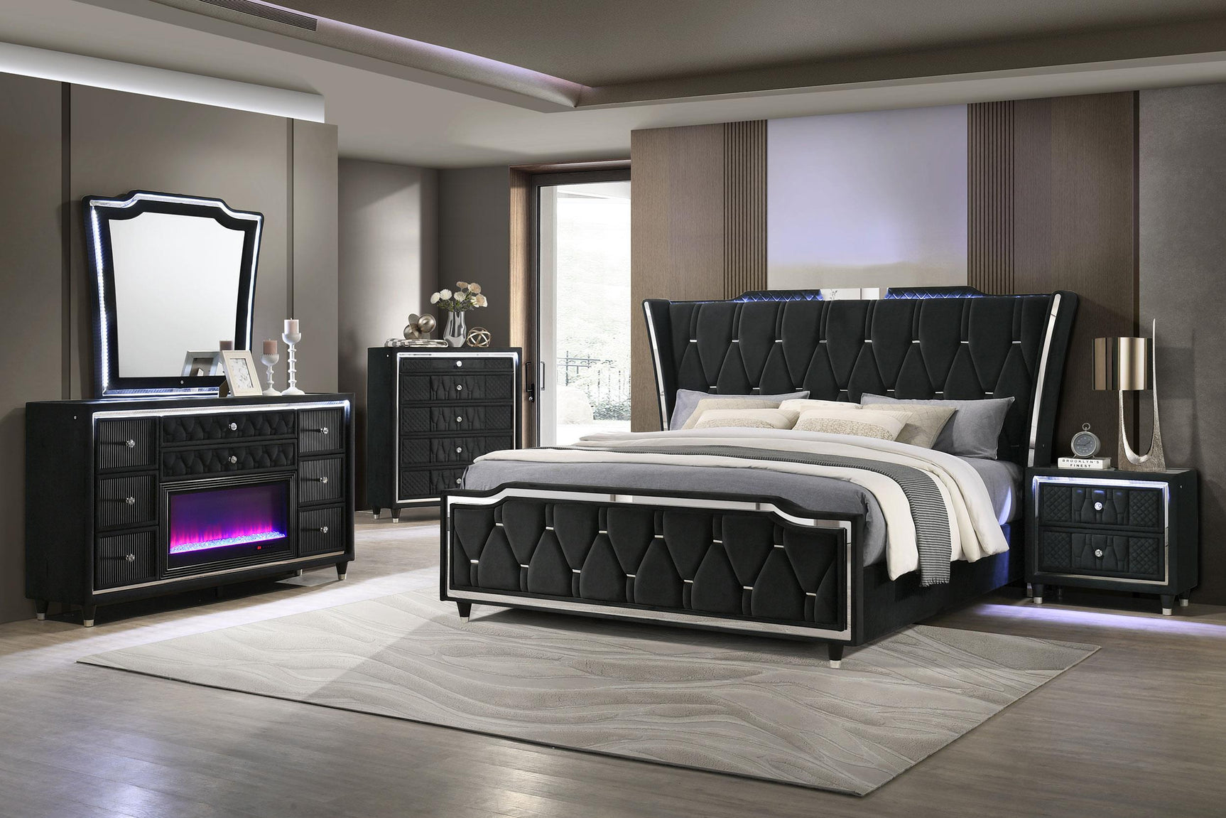 Lorient 8-drawer LED Bedroom Flame Box Dresser Black