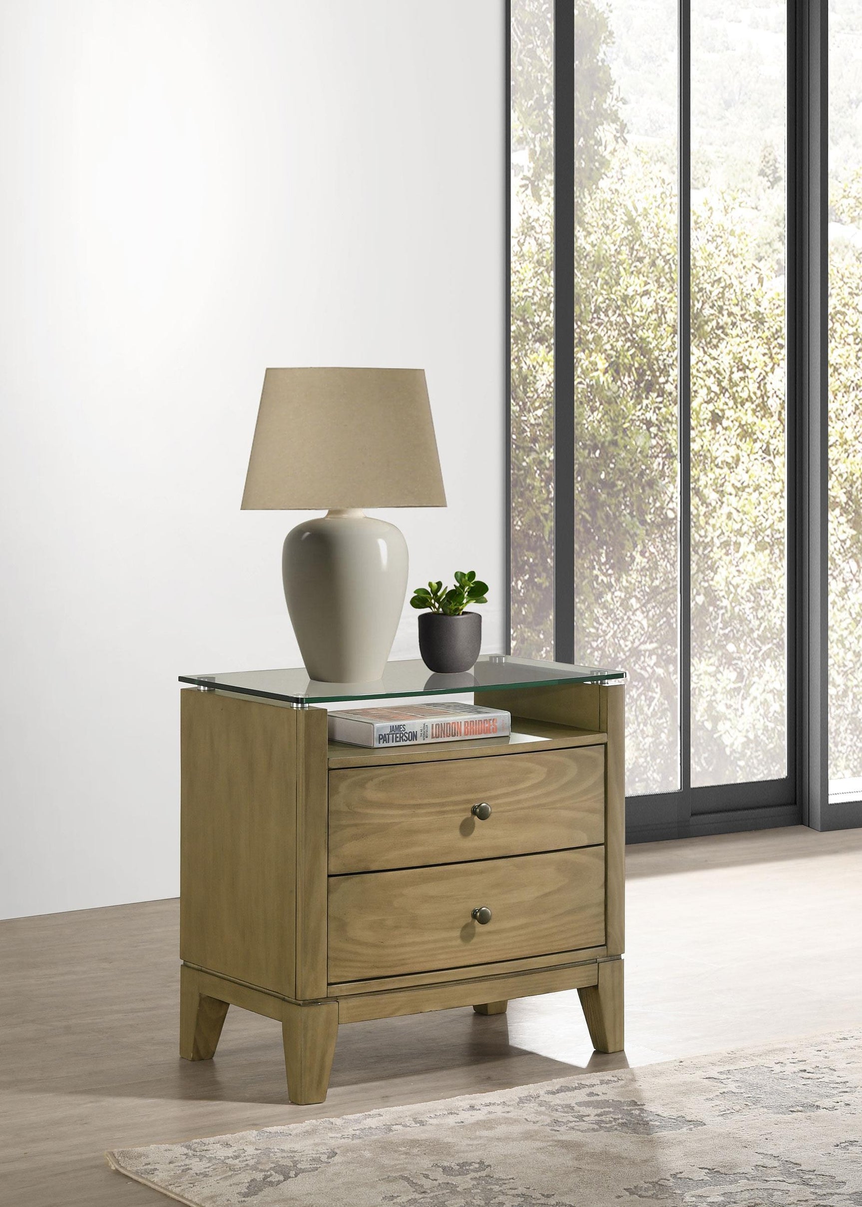 Granada 2 Drawer Glass Top Nightstand Natural Pine