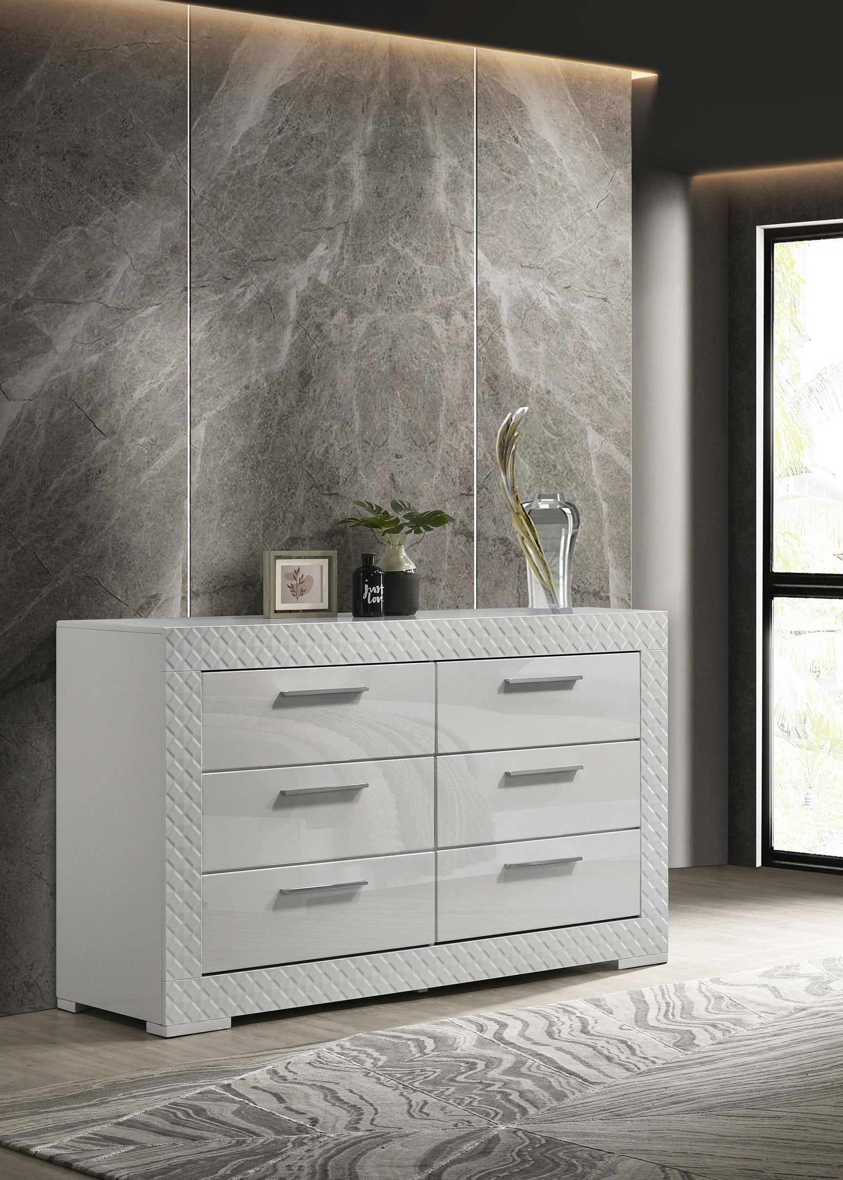 Ives 6 Drawer Dresser Cabinet White High Gloss