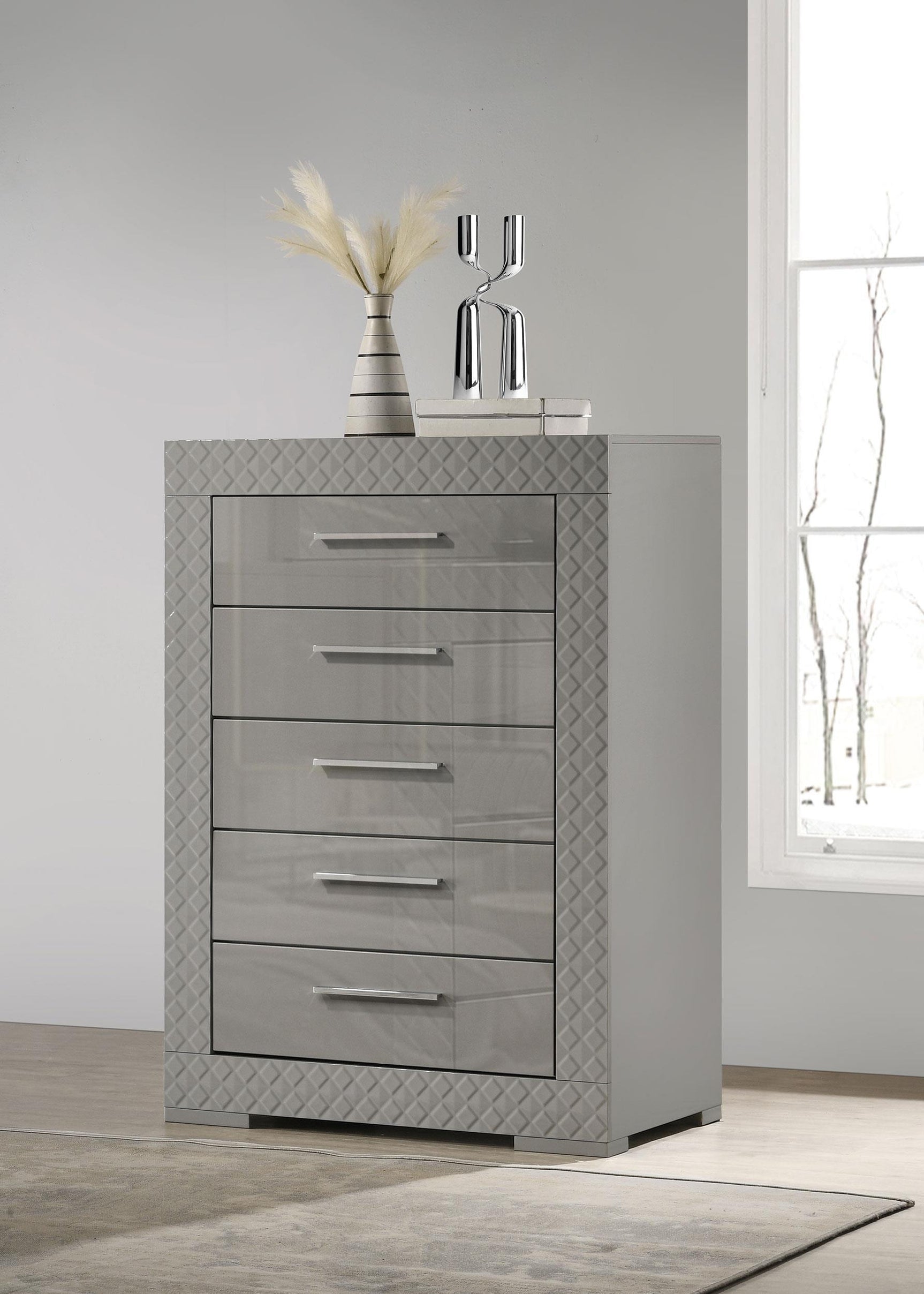 Ives 5 Drawer Bedroom Chest Of Drawers Gray High Gloss
