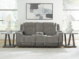 Mixed Motion Shadow Chenille / Faux Leather Power Reclining Loveseat with Console — product view